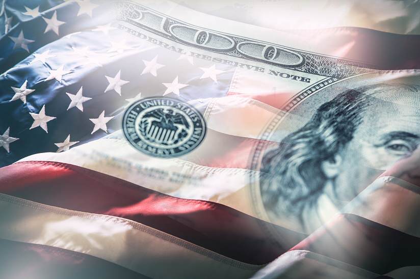 USA flag and American dollars. American flag blowing in the wind and 100 dollars banknotes in the background. USA flag and American dollars. American flag blowing in the wind and 100 dollars banknotes in the background