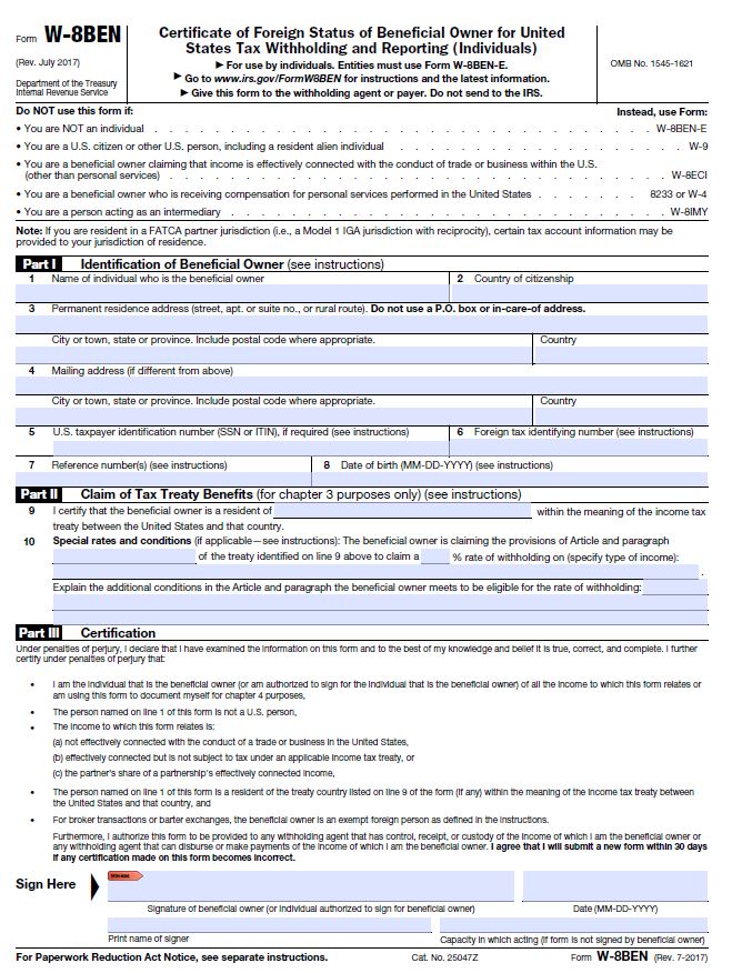 W-8BEN nonresident tax form