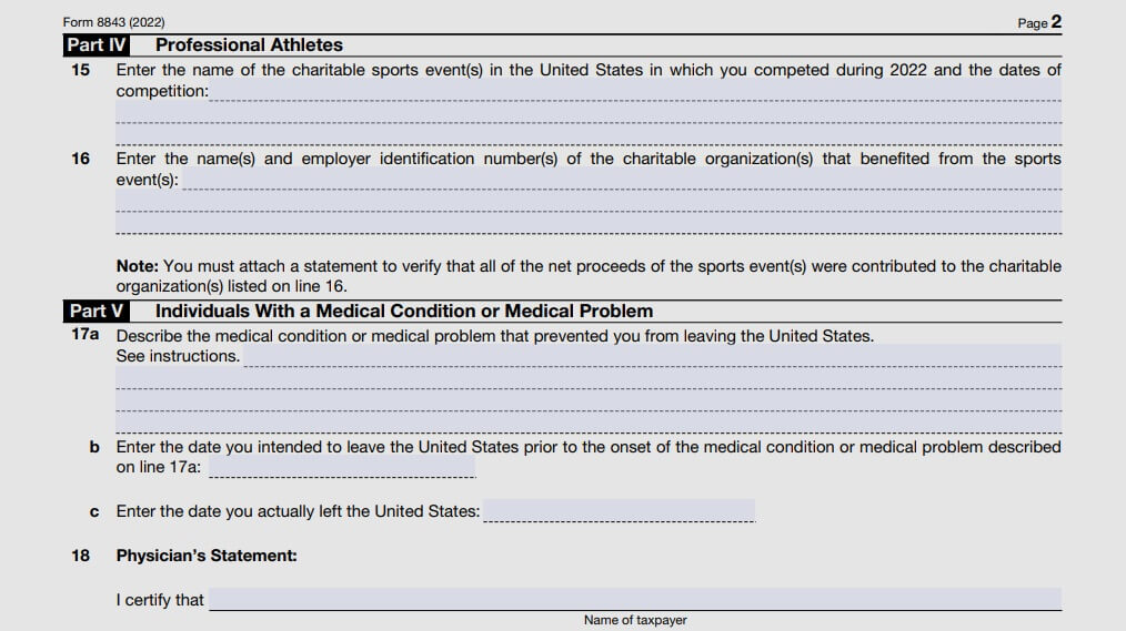 form 8843 2022 - part 4 and 5 Athletes and Individuals with medical condition