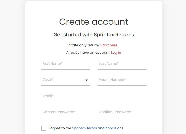 Sprintax Returns create account form