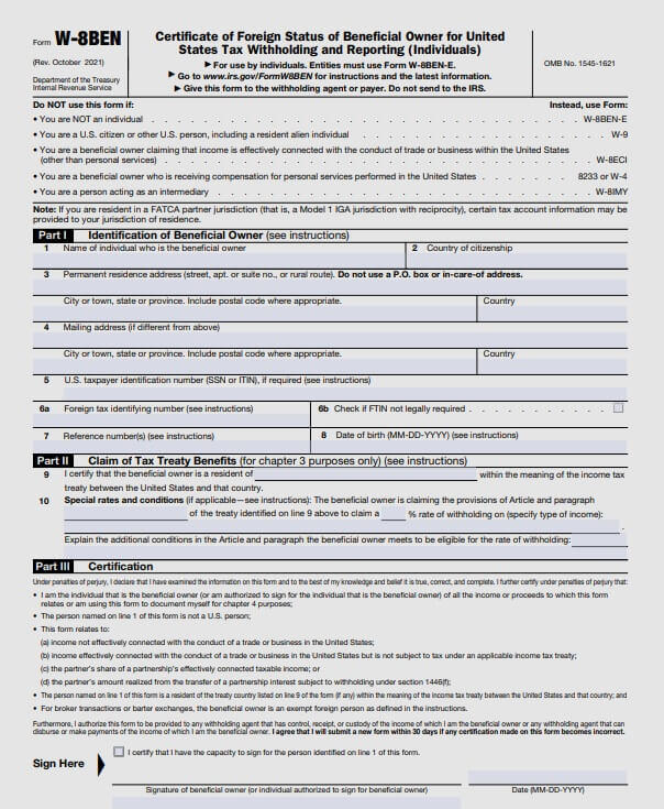 IRS Form W8ben 2021