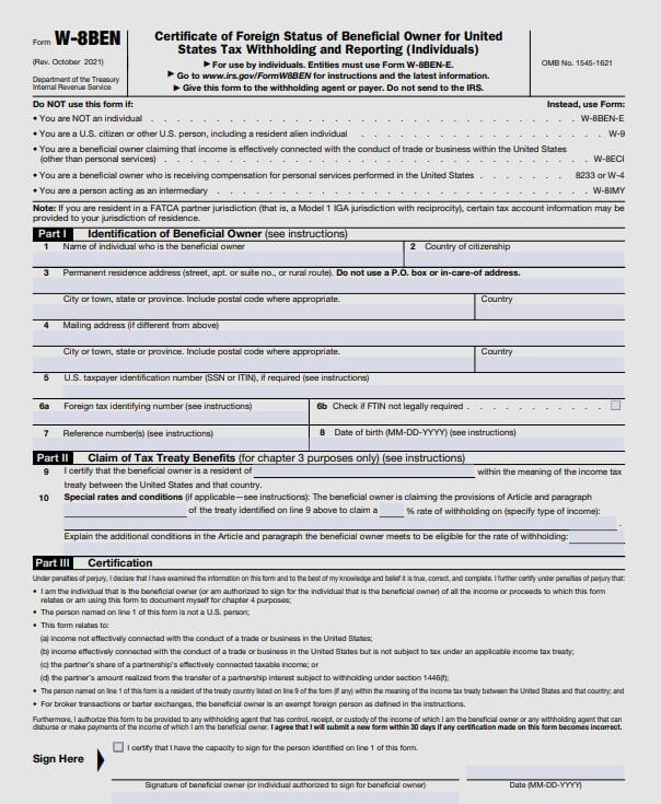 IRS Form W8ben 2024