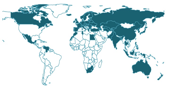 미국과 조세 조약을 맺은 국가를 나타내는 세계 지도