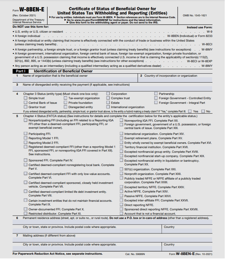 IRS Form W-8BEN-E - Page 1