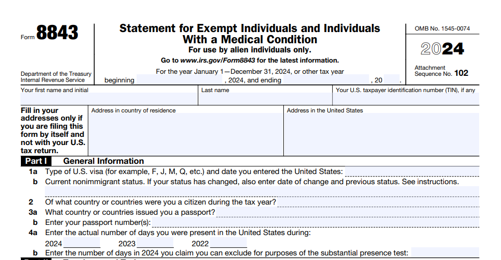 Form 8843 for 2024-Part 1