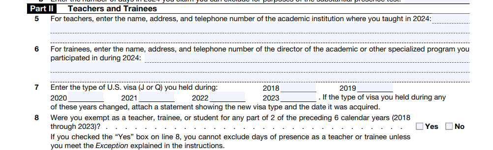 Form 8843 for 2024 Part 2 Teachers and Trainees