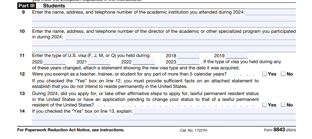 Form 8843 for 2024 Part 3 Students