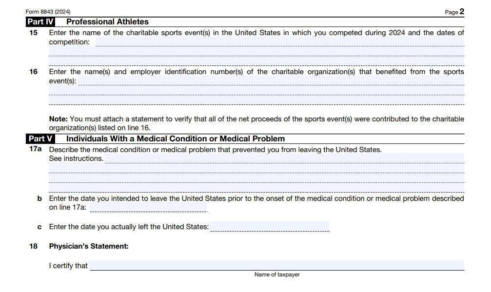 Form 8843 for 2024 Part 4 and 5