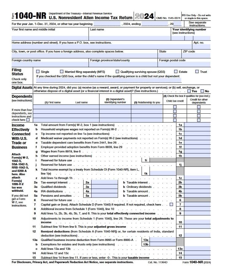 Form 1040NR 2024 sample