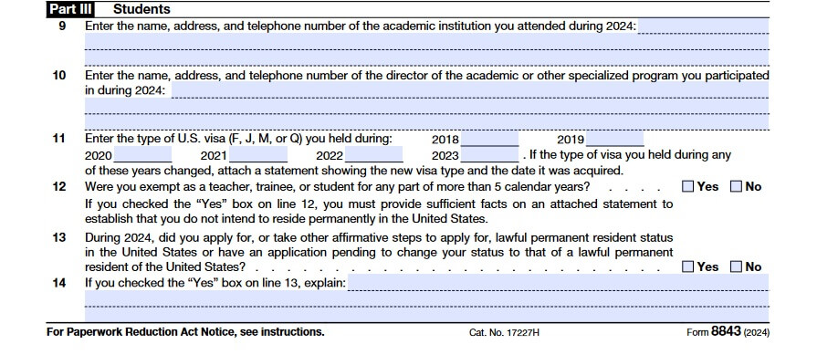 Form 8843 for 2024, Part 3 - Students