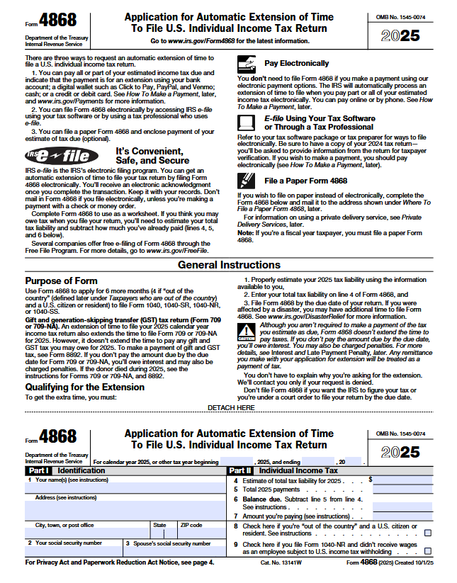 Form 4868 for 2025 sample