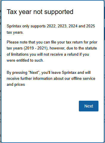 Sprintax prior year tax return offline preparation